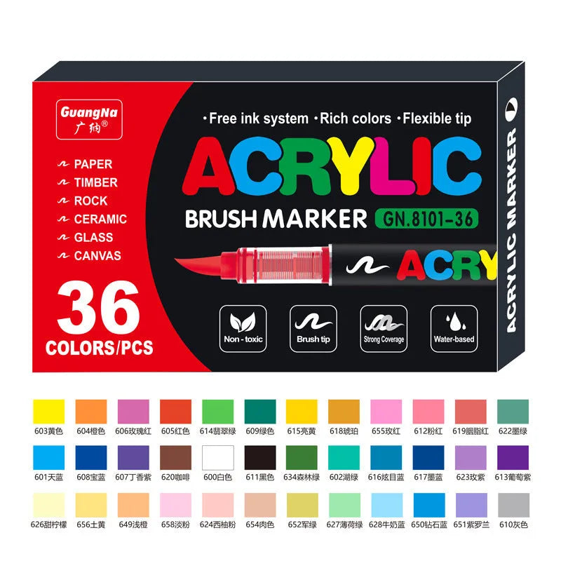 Set of straight liquid acrylic marker pens with soft flexible tips in multiple colour options