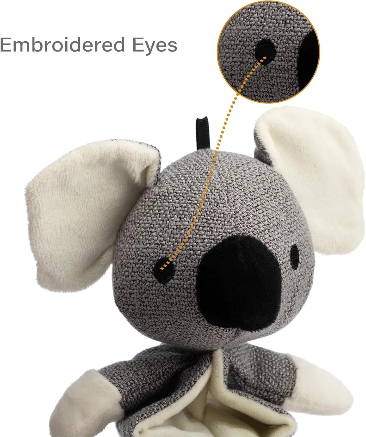 Grey koala dog chew toy with crinkle paper, measuring 30cm long, for small medium large dogs.