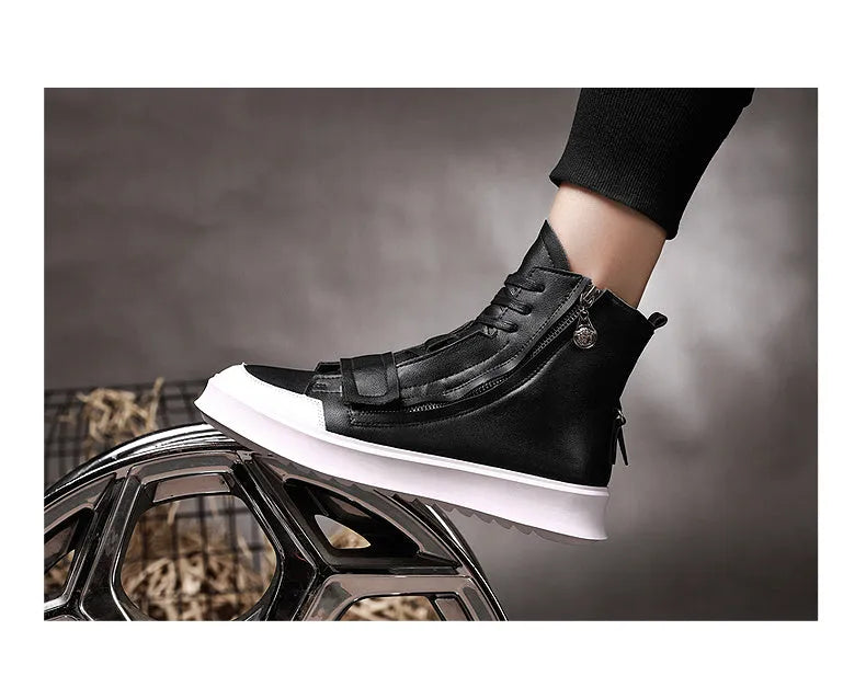 Men's black PU leather ankle boots in high-top sneaker style for winter wear