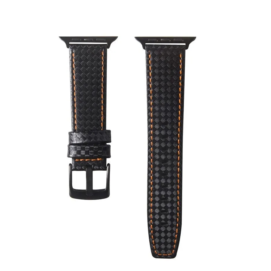 Carbon fibre pattern and leather iPhone watch strap in four colour options with two size ranges