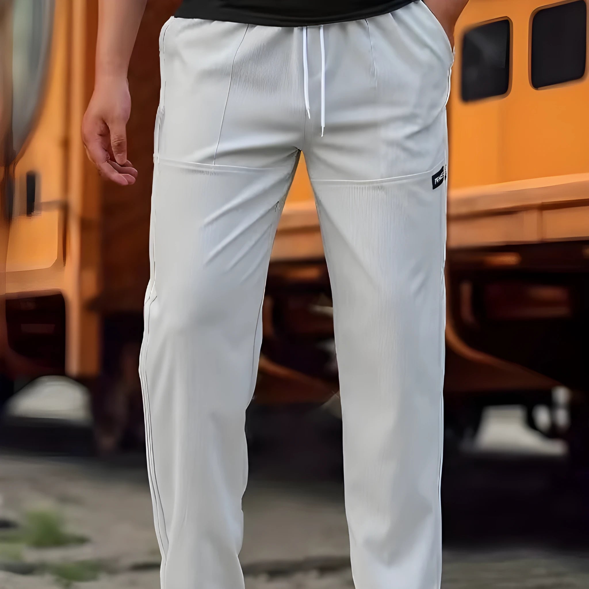 Men's slim fit polyester casual trousers in light gray colour on a hanger.