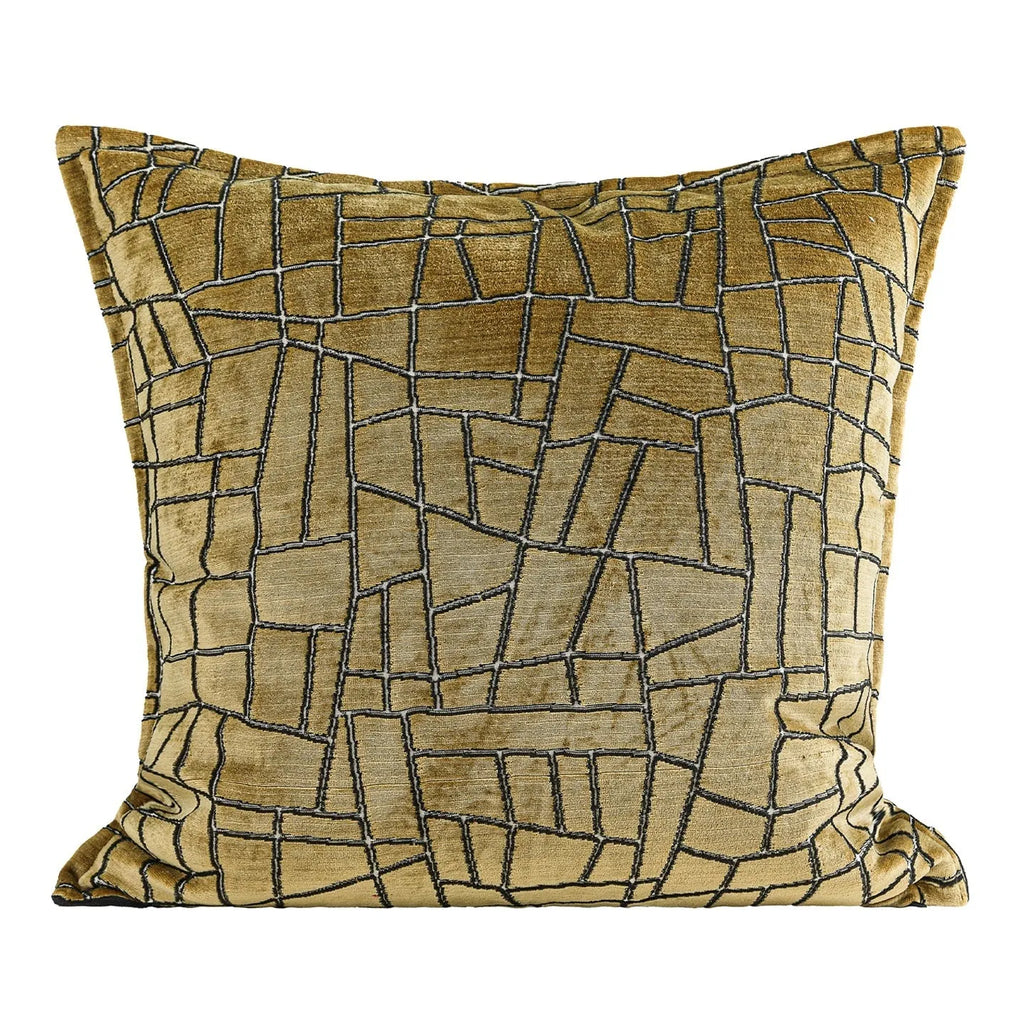 Gold geometric abstract pattern on a square polyester cushion cover with feather velvet pillow insert.