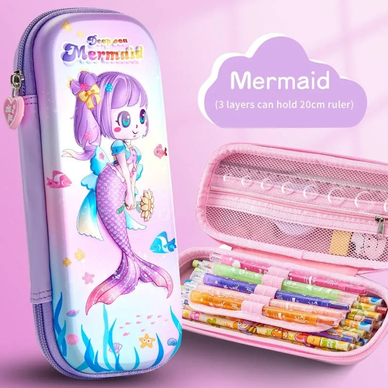 3D leather pencil case with decorative design options including astronauts, dinosaurs and mermaids