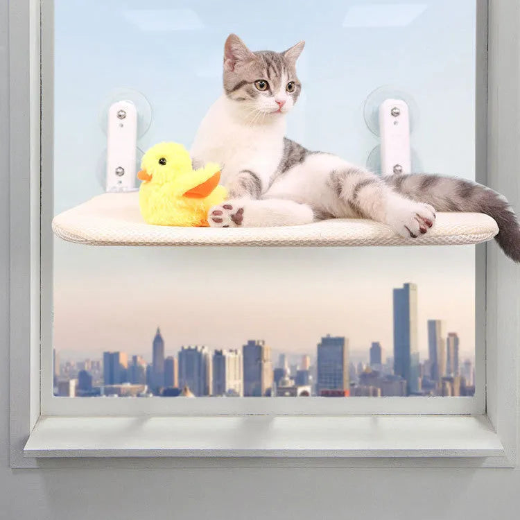 Foldable cat window hammock with stainless steel frame and suction cups, shown in grey plush upholstery.