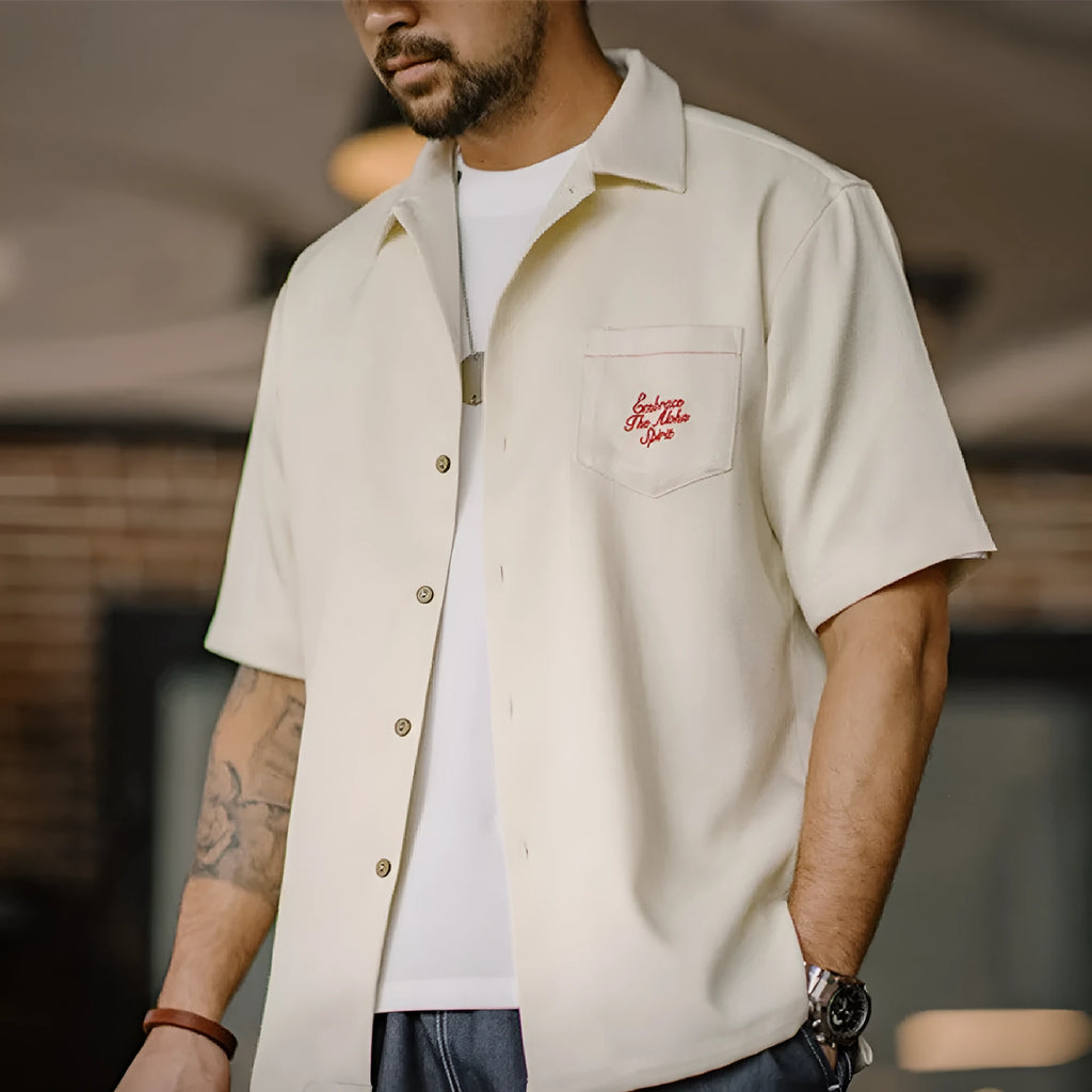 Men's light apricot bamboo pattern shirt with Cuban collar and plant flower design