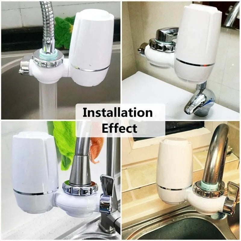 White plastic faucet-mounted water filter with switch control and ceramic cartridge