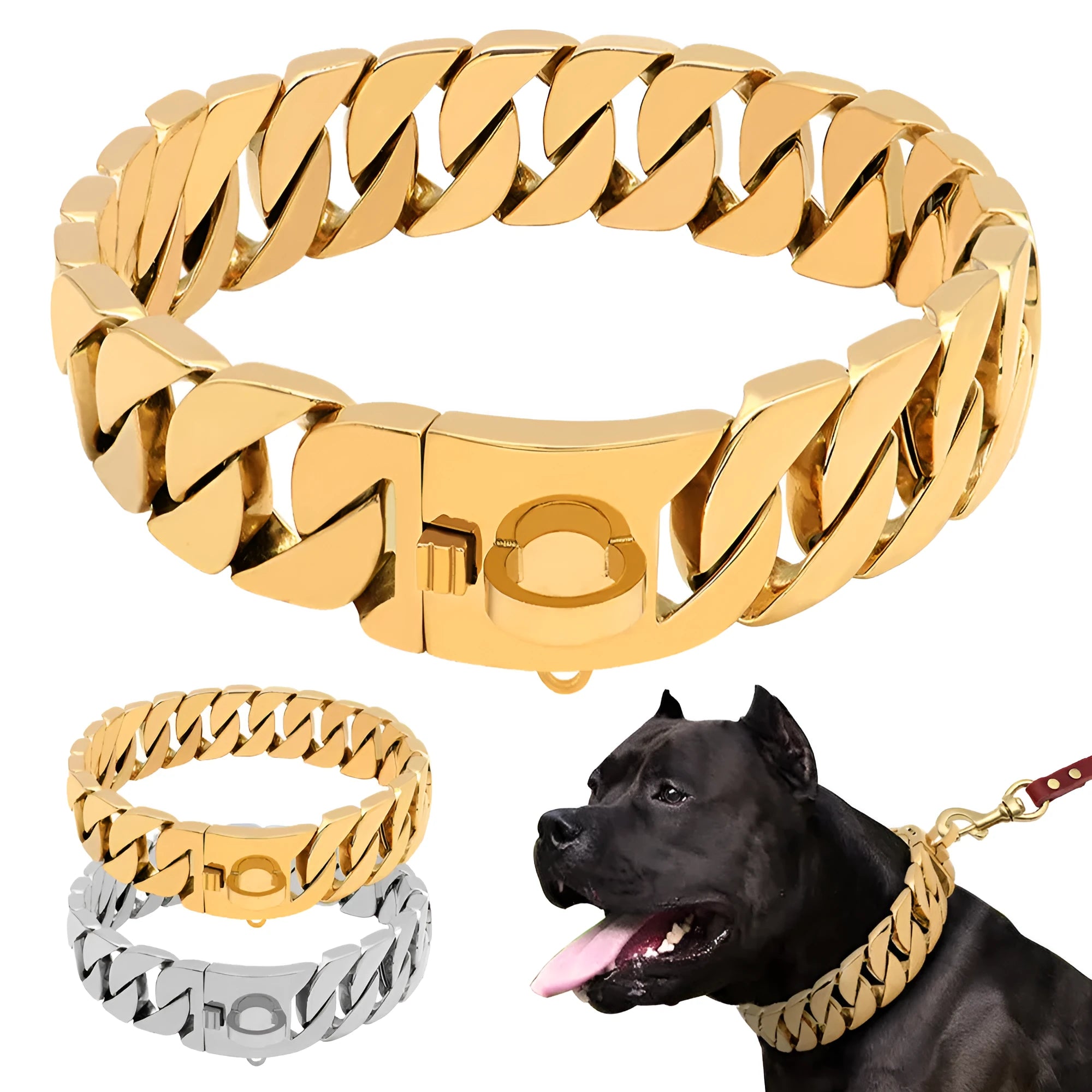Stainless steel dog chain slip collar in gold finish with 3mm links on white background
