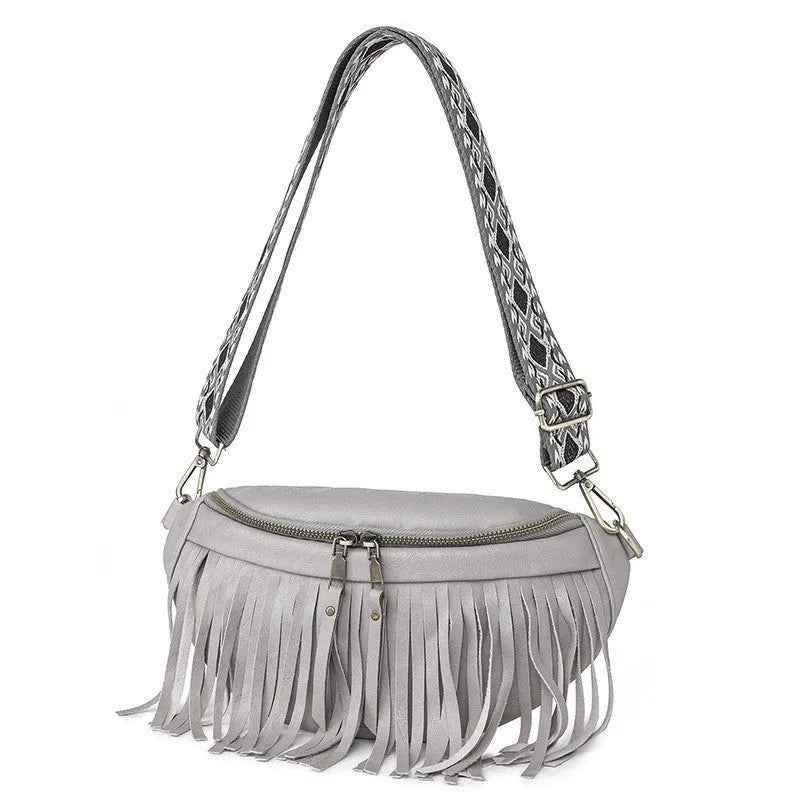 PU leather messenger bag with tassel pleats and retro styling in macaron-gray colour