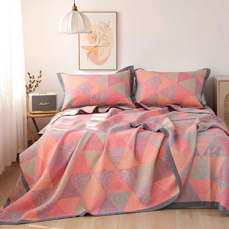 Cotton gauze bed blanket and pillowcase set with plant and flower pattern