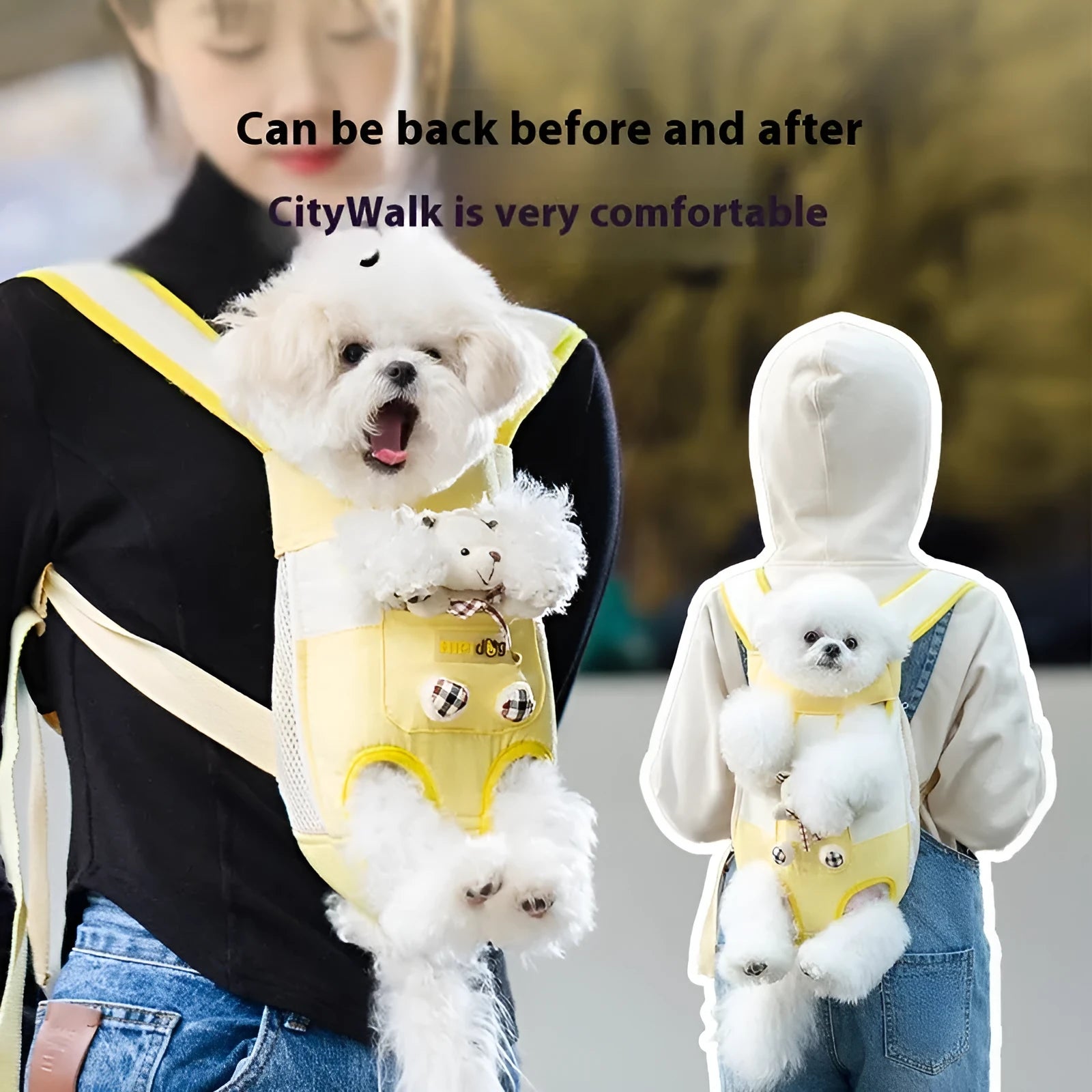 Cartoon Beka yellow bear design pet carrier bag in soft canvas with colourful stitching details