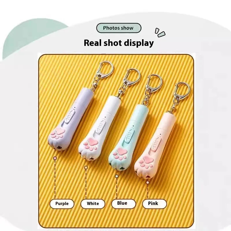 Handheld cat teaser toy with pen light feature in cream white, pink or blue colour options.