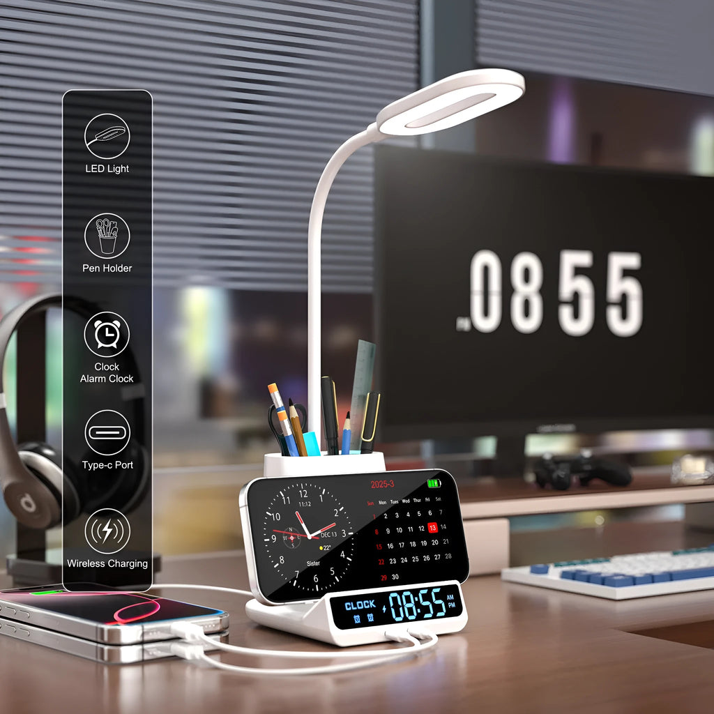 Black wireless charging desk lamp with built-in storage box and pen holder compartments.