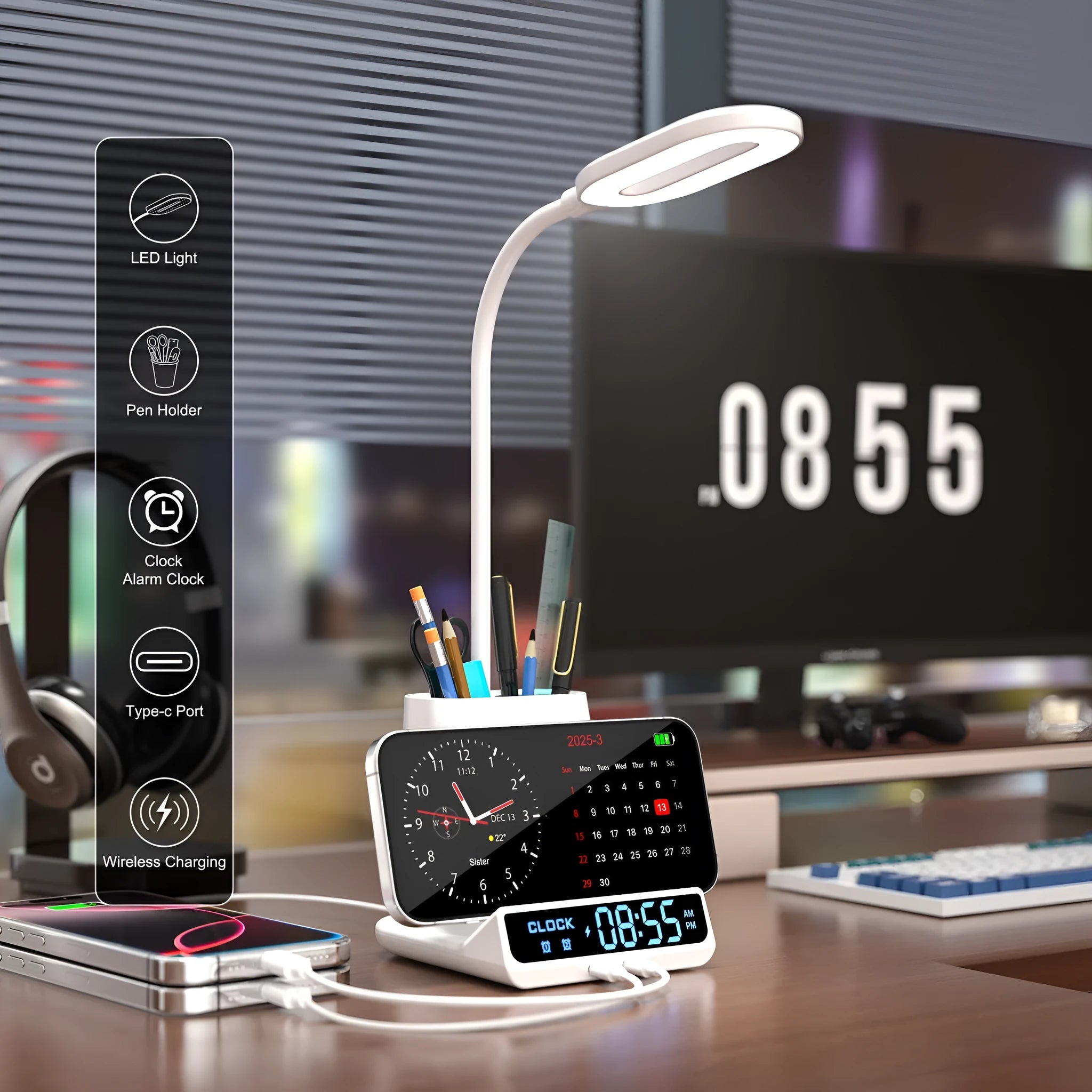 Black wireless charging desk lamp with built-in storage box and pen holder compartments.