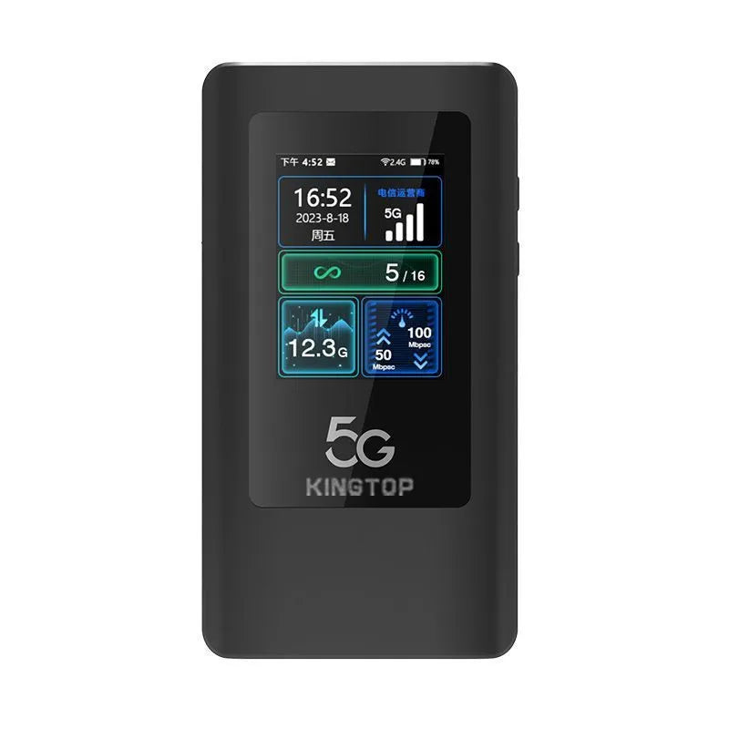 Black portable 5G WiFi router with LCD display showing connection status and USB Type-C port