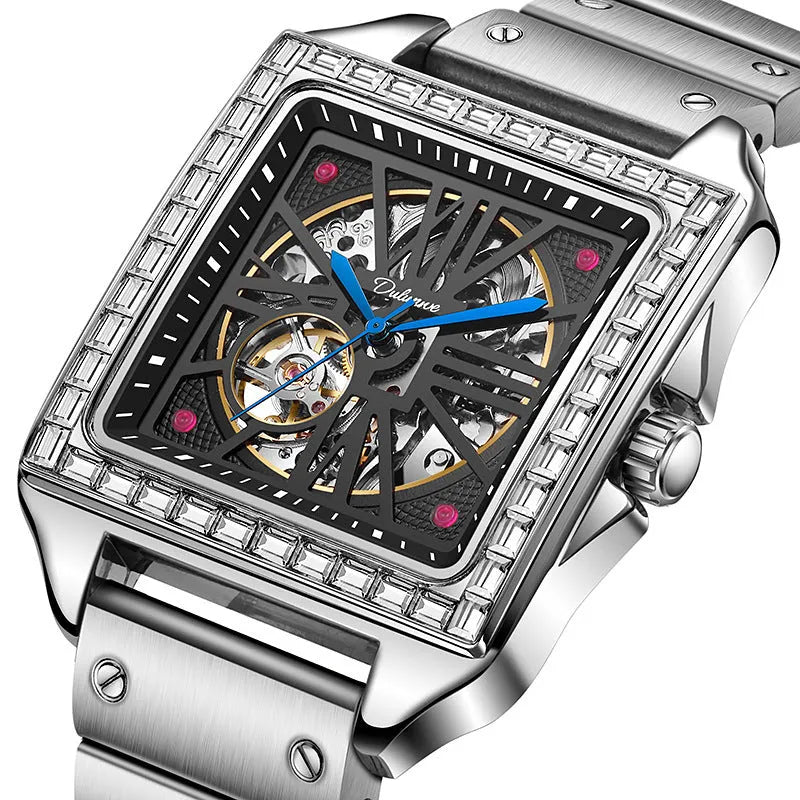 Men's square automatic watch with diamond-studded case on a black stainless steel bracelet.