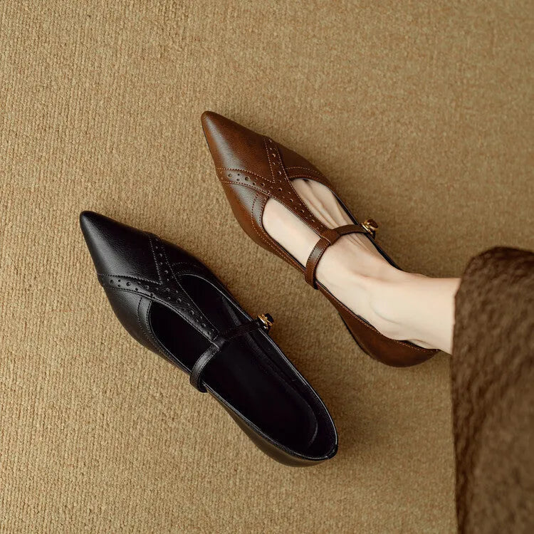 Brown pointed low-cut flat shoes with cowhide leather upper and metal decorative details