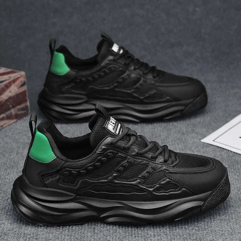 Men's solid colour PU mesh casual trainers in black or white on a white background.