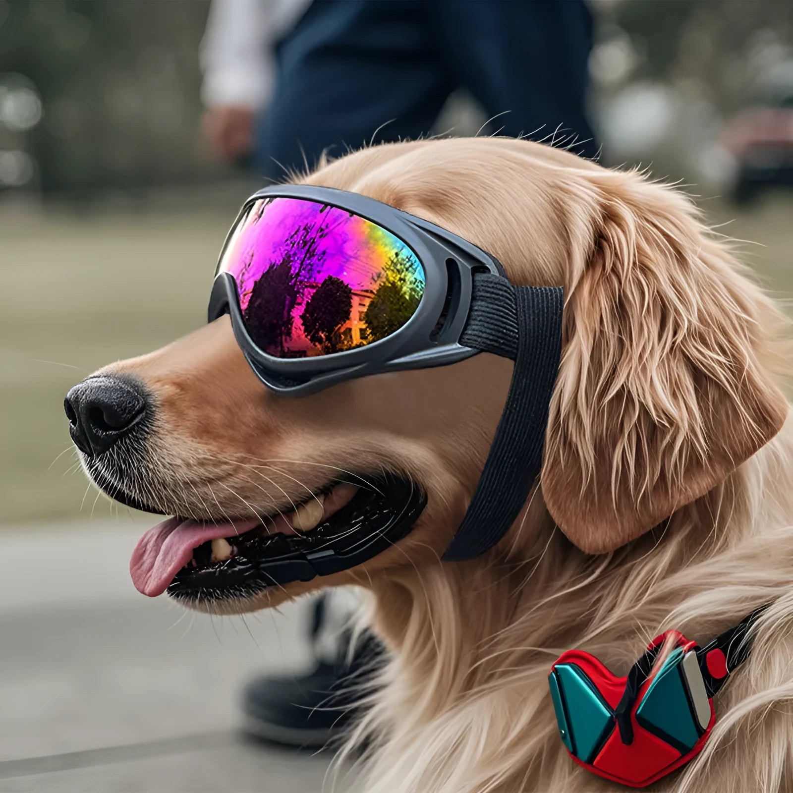 Dog wearing windproof plastic glasses with a coloured lens, showing PVC frame and casual style for outdoor use