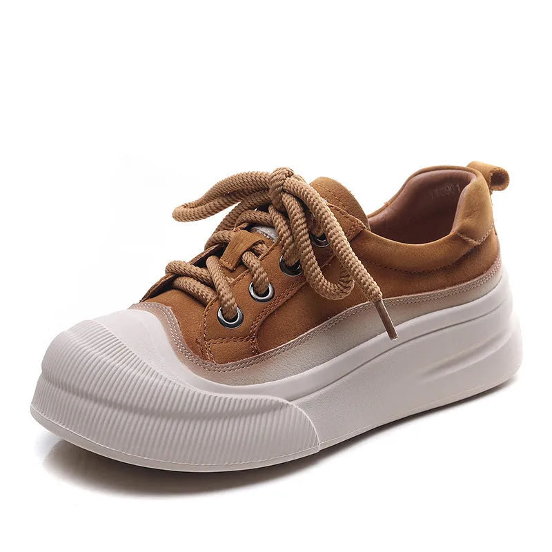 Women's full grain cow leather lace-up casual shoes with round toe in yellow and brown colours