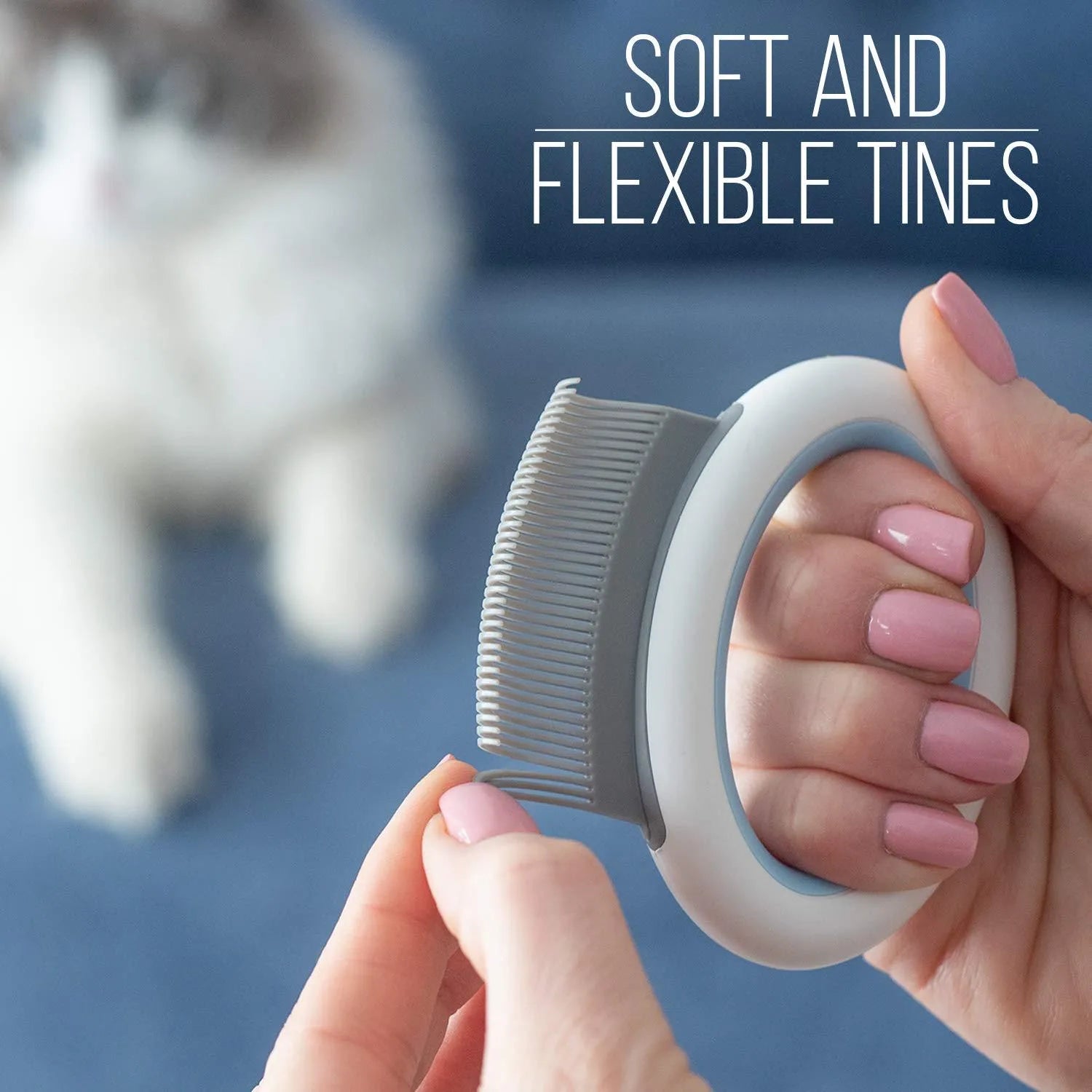 Blue pet grooming comb for cats and dogs with deshedding teeth on plastic handle