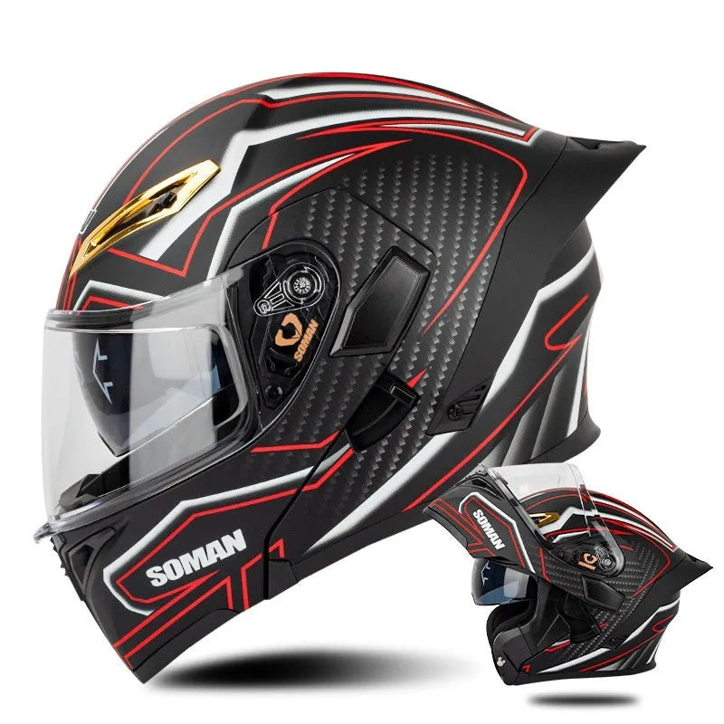 Double lens exposed motorcycle helmet in bright black and green lines with sun visor