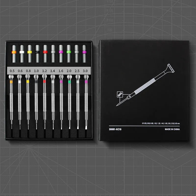 Watch repair screwdriver set with 10 tools and 20 spare bits in organised box