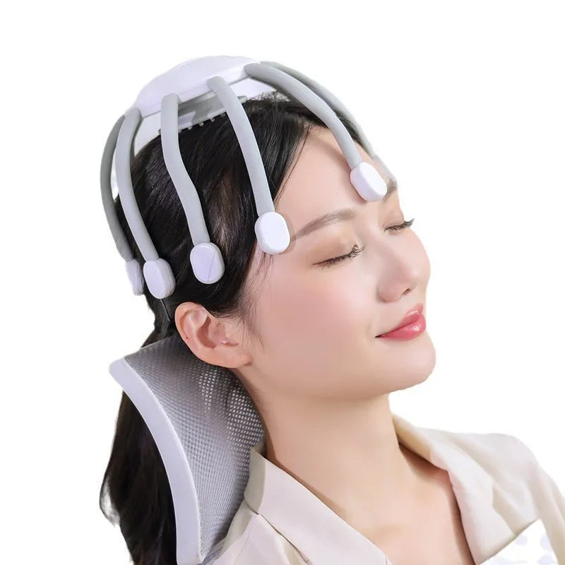USB head massager with flexible silicone claws in black, white, or upgrade model