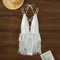 White deep V-neck one-piece swimsuit with tassel detailing for swimming