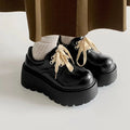 Matte black women's lace-up shoes with a chunky 6-8cm platform heel and round toe.