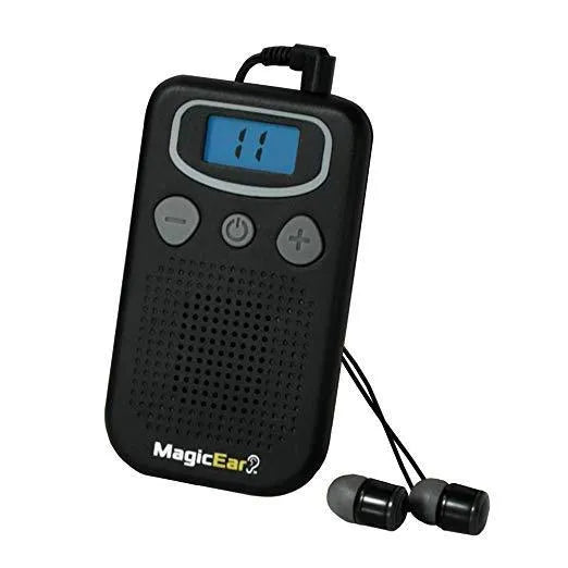 Personal voice enhancer digital hearing aid booster device in brilliant ABS plastic resembling handheld FM radio
