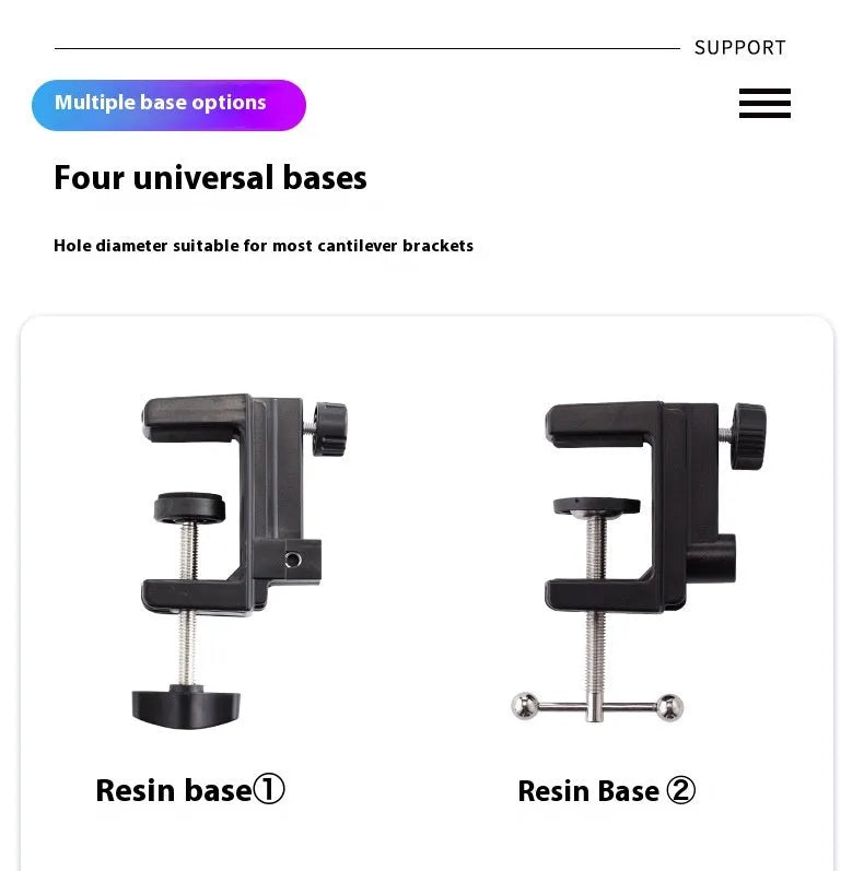 Black foldable metal desktop cantilever bracket with tablet clip extended to mounting position