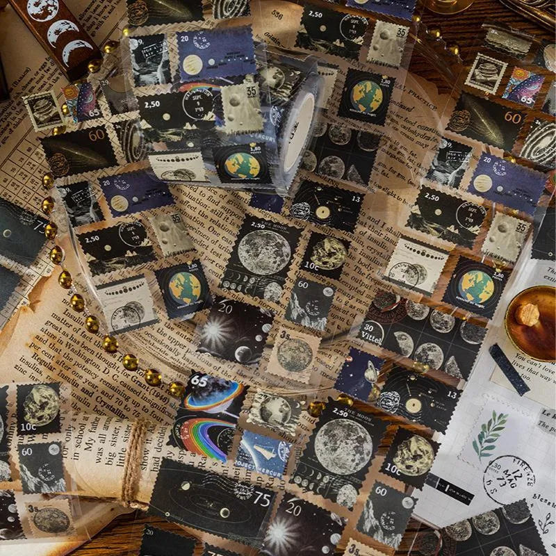 Roll of retro-design coated paper stamp stickers for journal decoration, showing one of four themed collections.