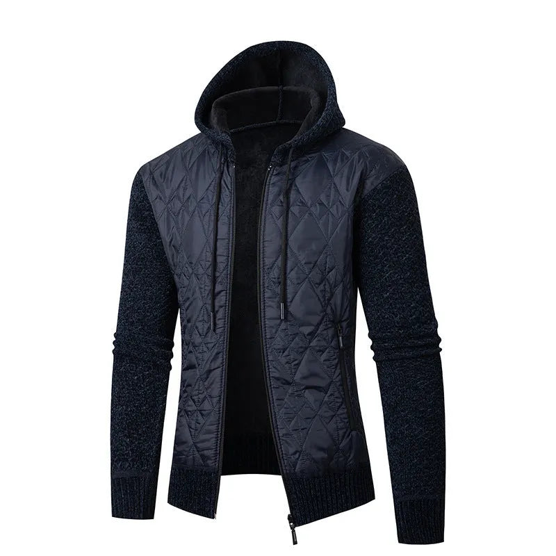 Men's grey corduroy hooded sweater coat with a cinched waist, shown front view.
