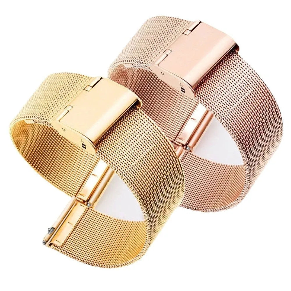 Milani woven stainless steel watch band showing silver, black, rose gold and gold colour options