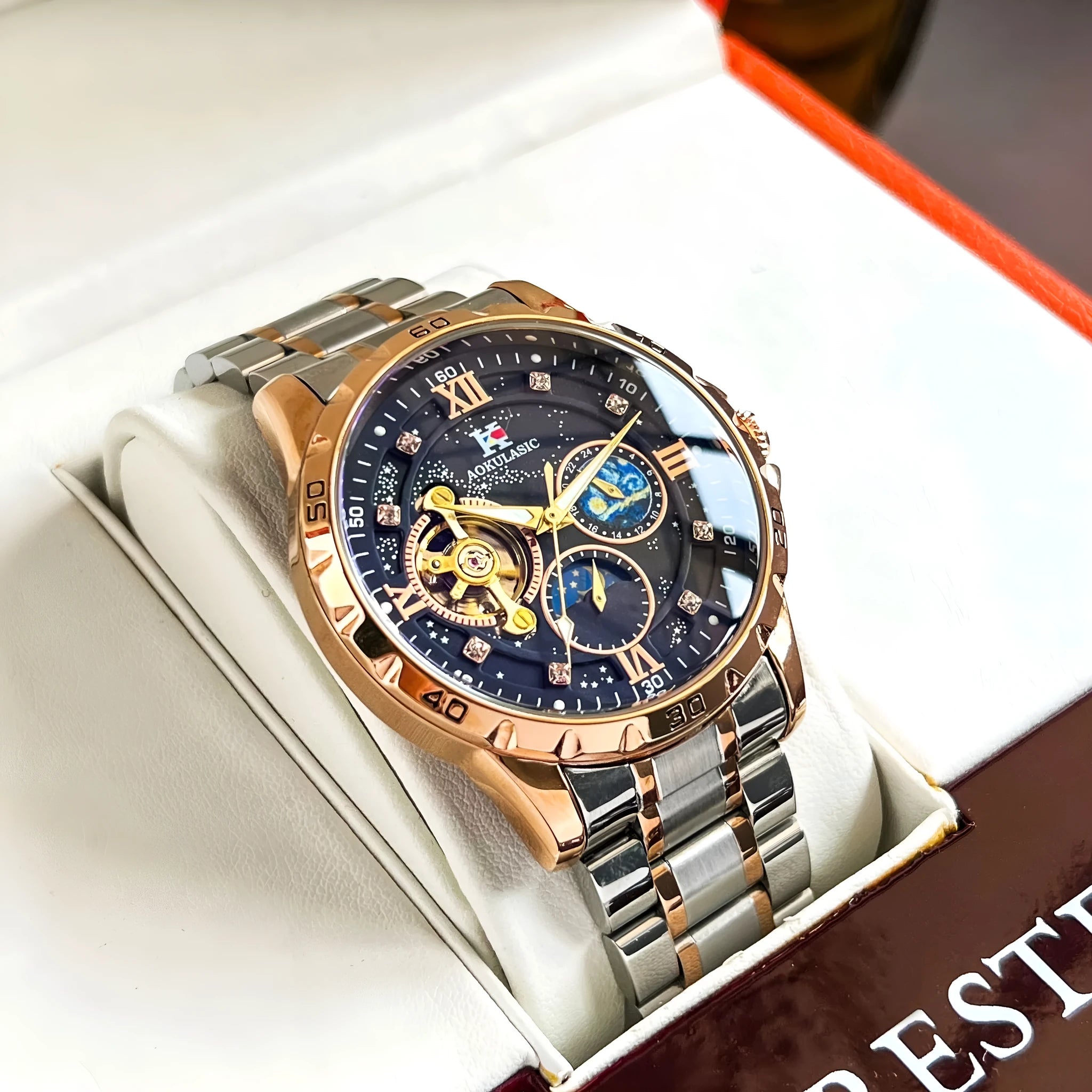 Automatic mechanical men's watch with rose gold casing and black dial