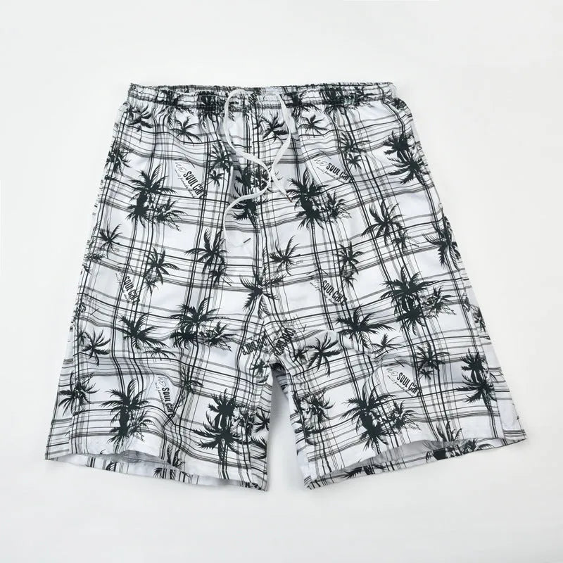 Men's floral printed five-point swimming trunks in polyester fabric with free size fit