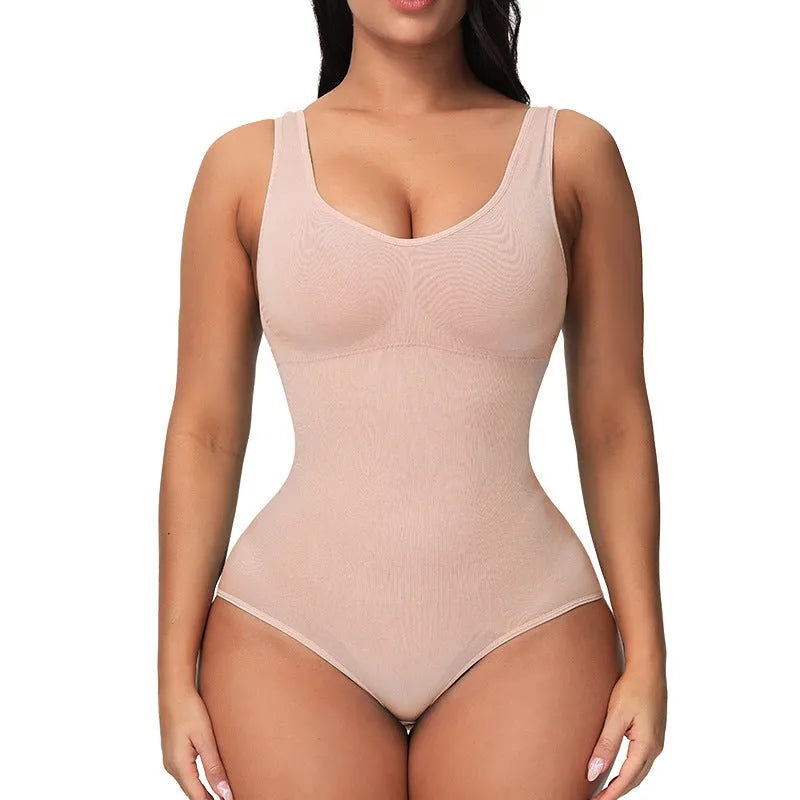 Green seamless nylon women's bodysuit corset laid flat, showing its one-piece shapewear design.