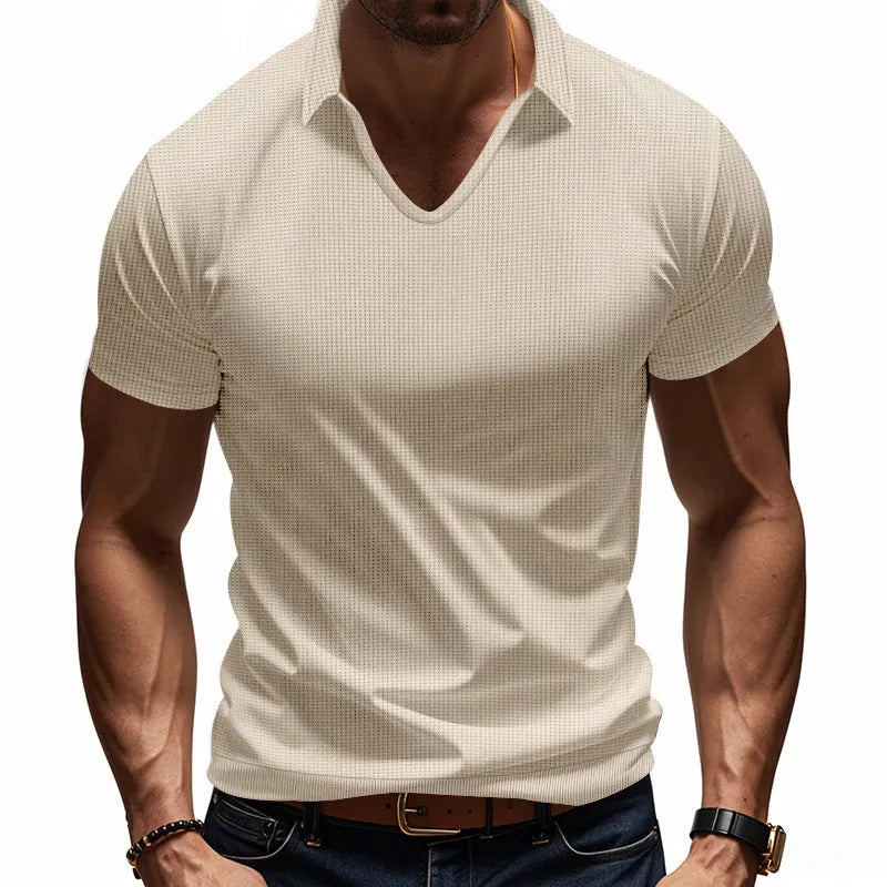 Men's V-neck loose fit short sleeve T-shirt in polyester cotton blend fabric