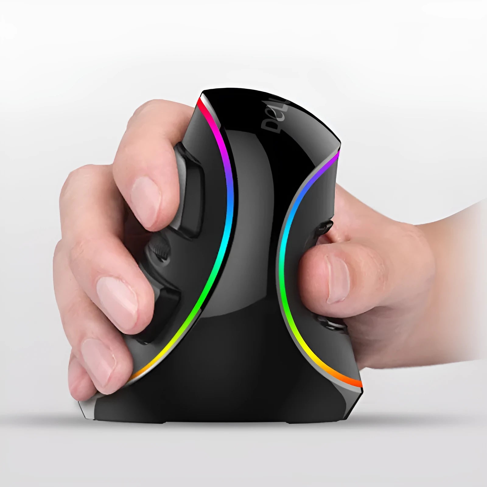 Vertical ergonomic wired computer mouse with RGB lighting, shown in Symphony style variant.