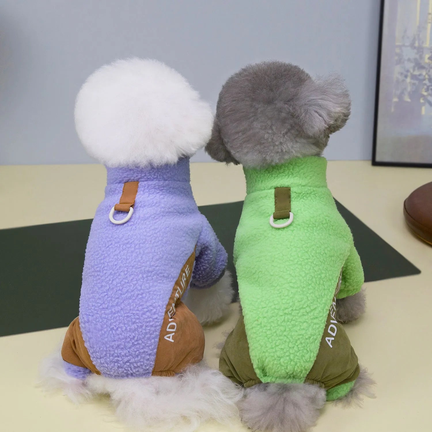 Dog four-legged thickened polyester pet clothes in green for winter use