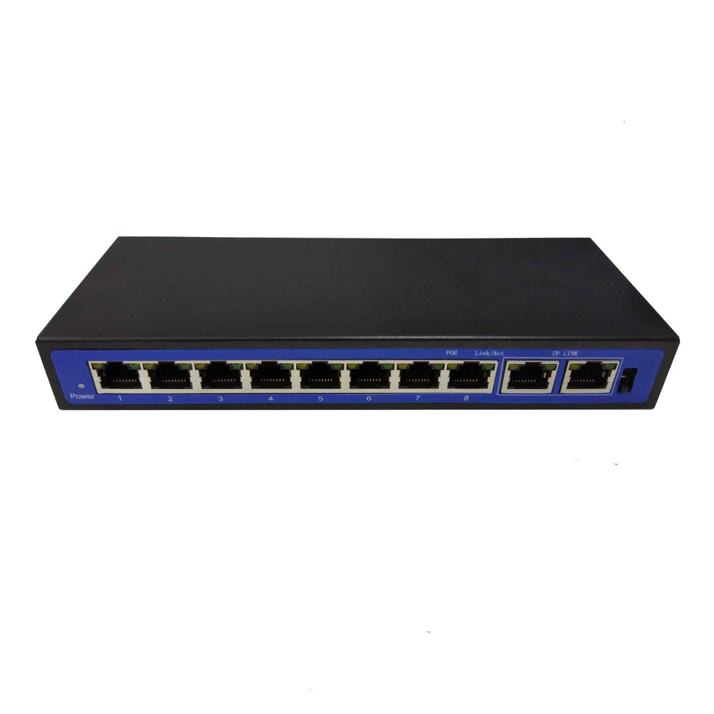 8+2 port 100M POE switch with 48V external power adapter, RJ45 ports, and LED indicators on a dark chassis