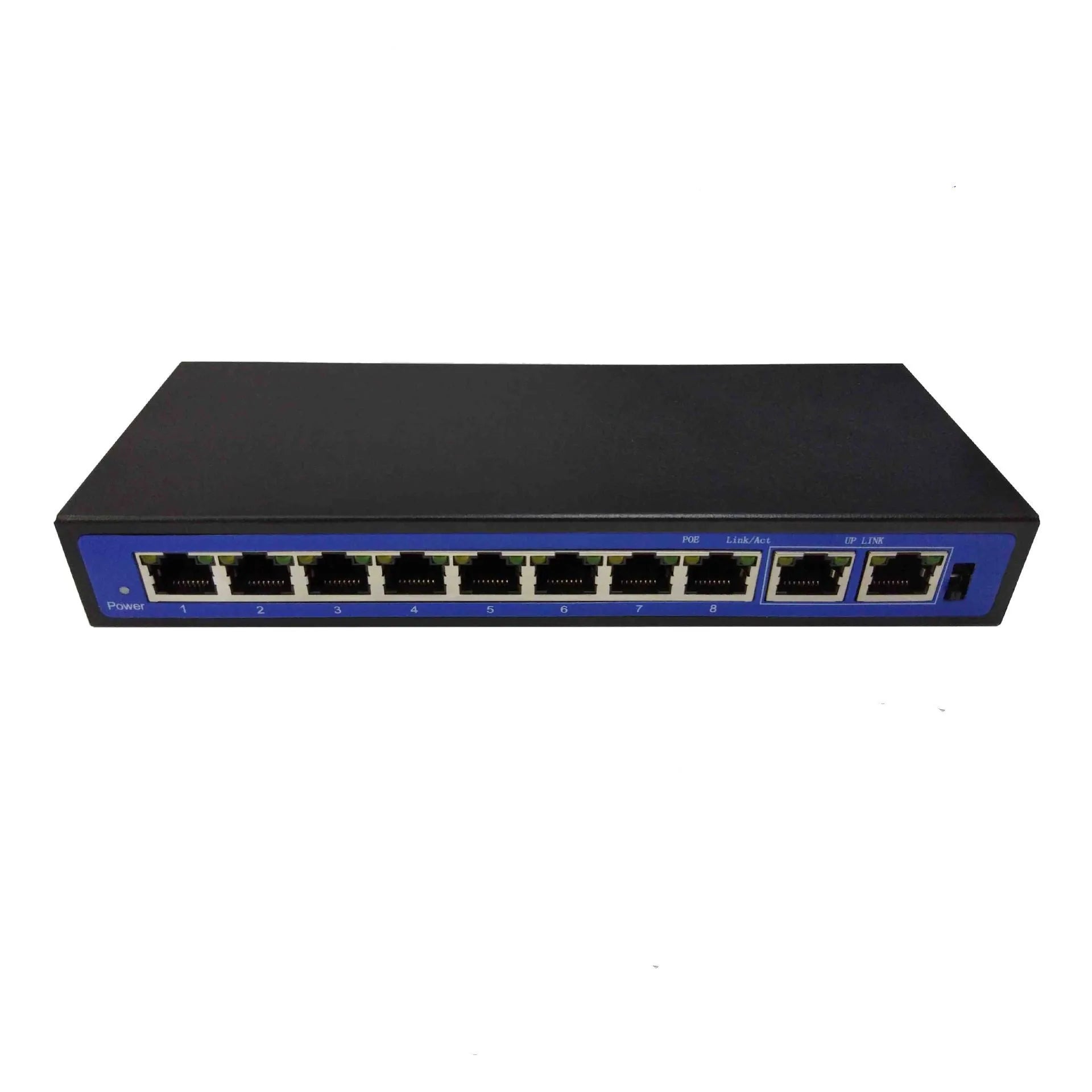 8+2 port 100M POE switch with 48V external power adapter, RJ45 ports, and LED indicators on a dark chassis