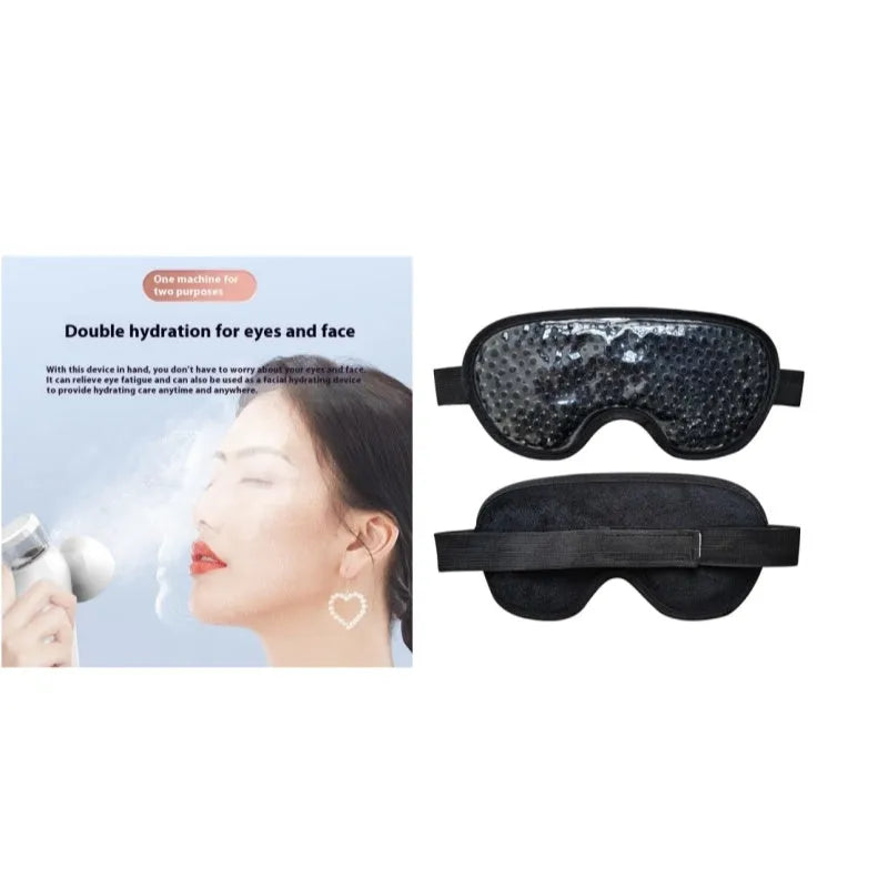 White rechargeable eye massager device with warm compress and atomisation cleaning functions, shown with included eye mask.