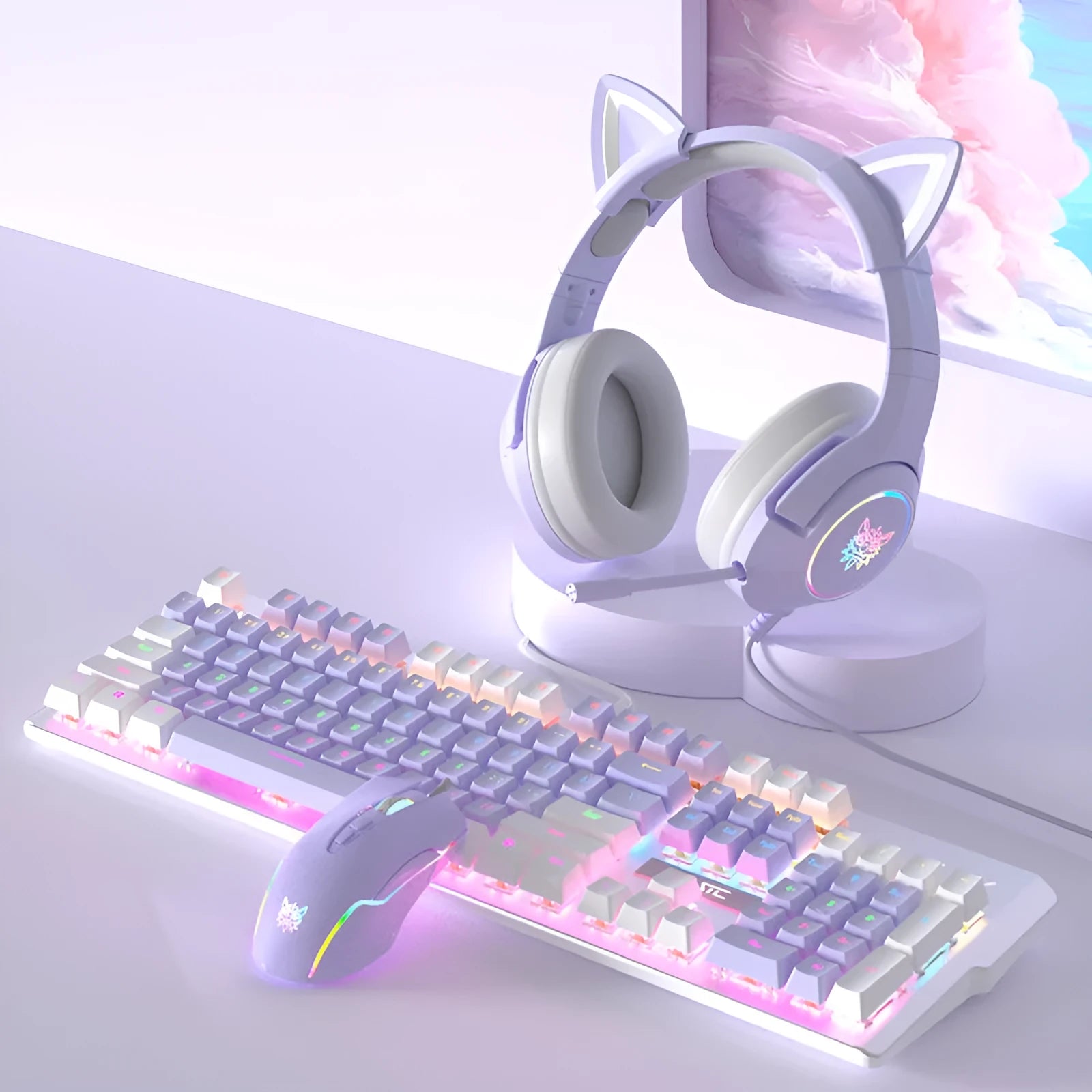Purple and white wired mechanical keyboard and mouse set with backlight illumination