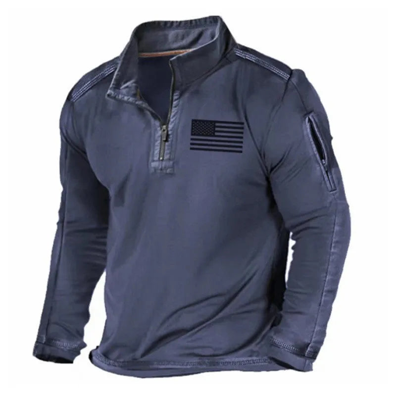Men's dark coloured zip-front sweater with a stand collar and long sleeves.
