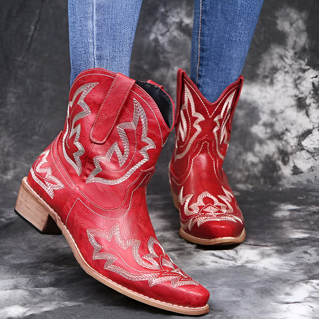 Blue women's cowboy boots with embroidery, a low wedge heel, and a pointed toe.