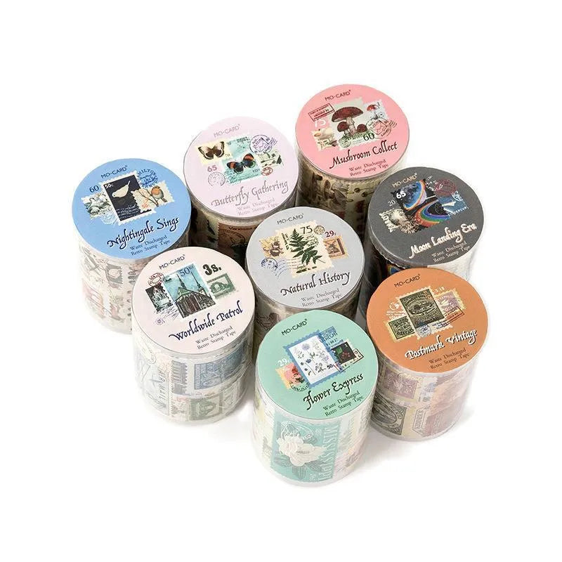 Roll of retro-design coated paper stamp stickers for journal decoration, showing one of four themed collections.