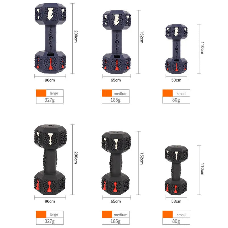 Natural rubber dog chew toy with hollow dumbbell design in black or blue colours