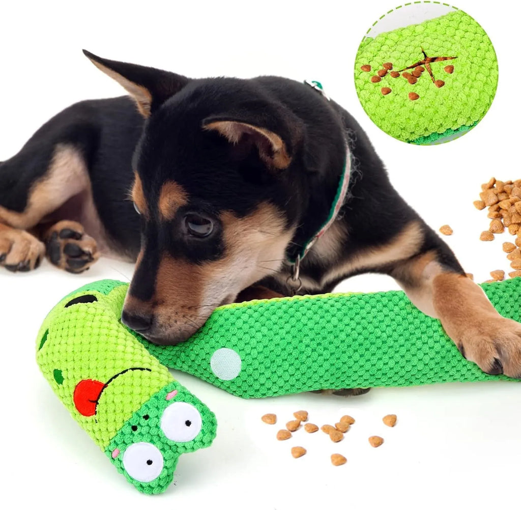 Transformable dog puzzle toy in velvet material with squeakers for foraging training