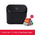 Black ABS car trash can with upturned lid and removable hook, 160x143x85mm, on car seat